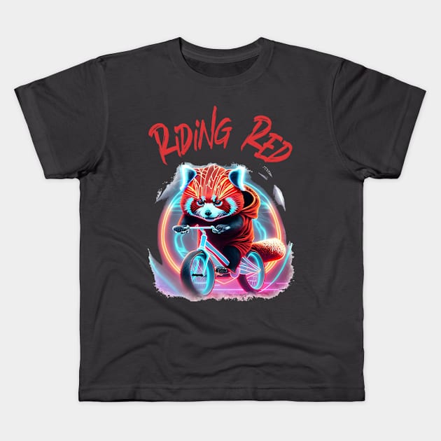 Red Panda Riding A Bike Riding Red Kids T-Shirt by Cautionary Creativity